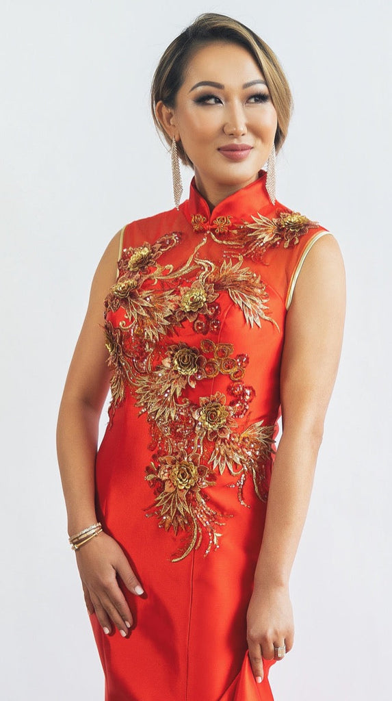 Beth and Brian Qipao - XLF Mrs.Tiffany - Floral Sequined, red fishtail Qipao