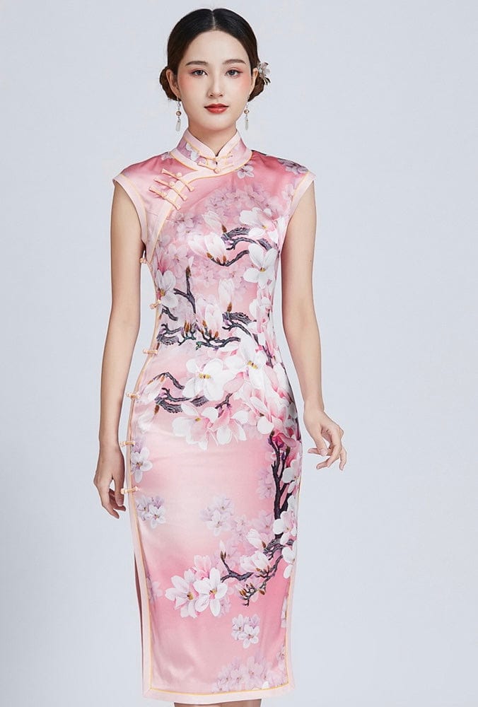Beth and Brian Qipao-DFSY Phoenix prints, 19 mome mulberry silk, handmade midi Qipao