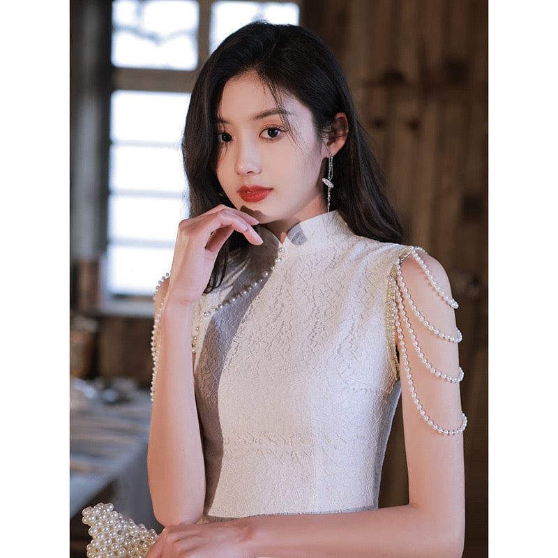 Beth and Brian Qipao - YR Modern style, sleeveless wedding midi Qipao