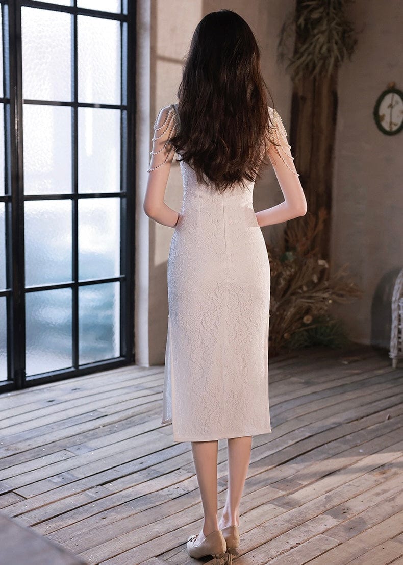 Beth and Brian Qipao - YR Modern style, sleeveless wedding midi Qipao