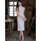 Beth and Brian Qipao - YR Modern style, sleeveless wedding midi Qipao