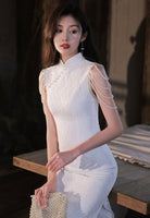 Beth and Brian Qipao - YR Modern style, sleeveless wedding midi Qipao