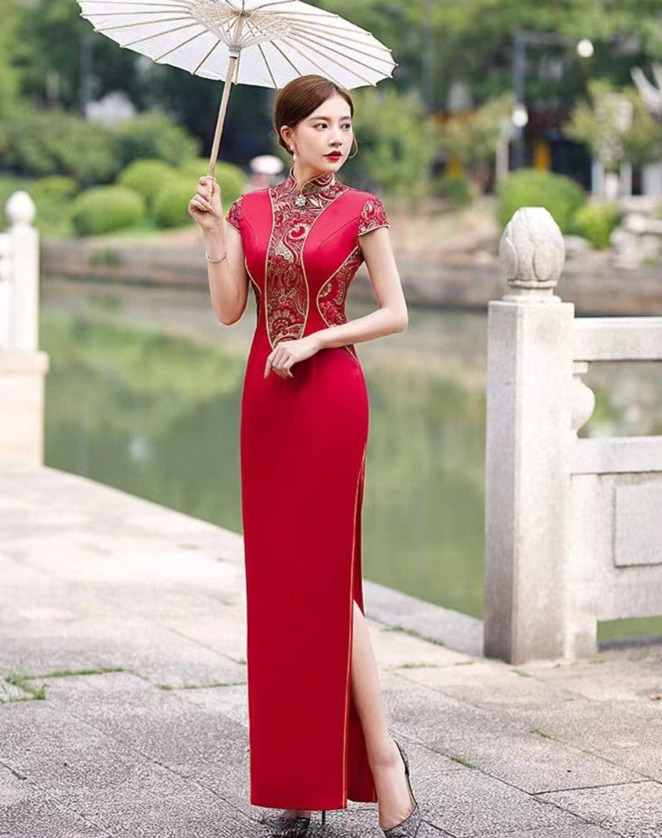 Beth and Brian Qipao - GSJ Classic Chinese style, long Qipao with cap sleeves