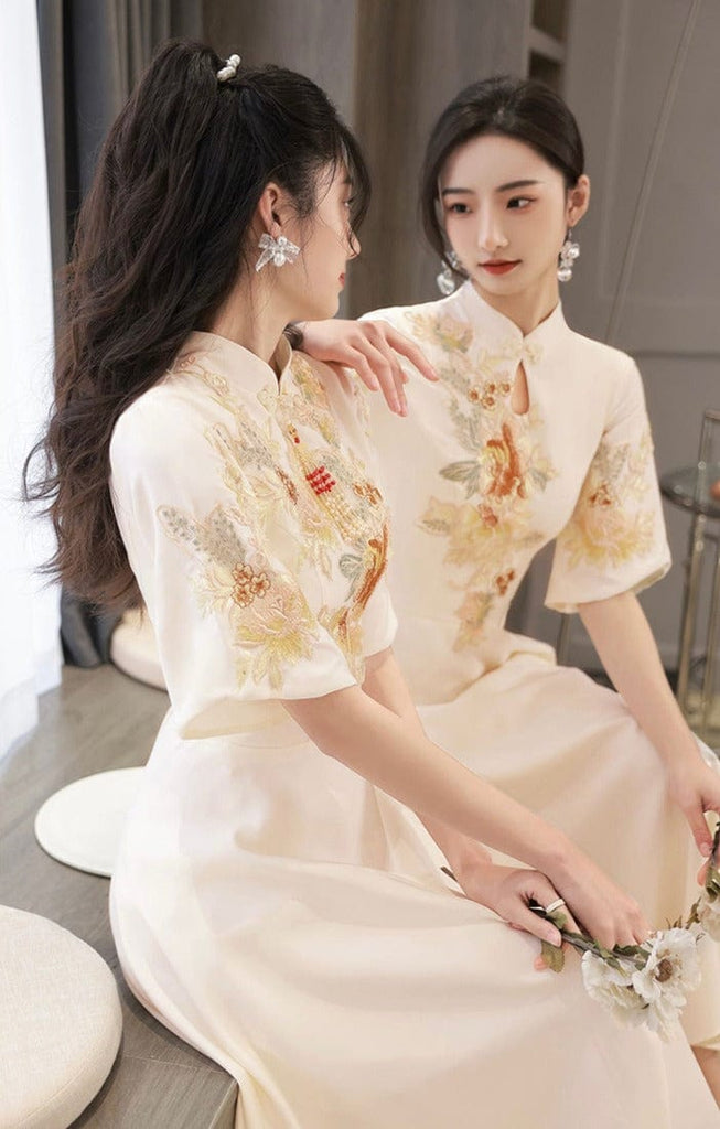 Beth and Brian Qipao - ABE Chinese modern style, tea ceremony midi Qipao