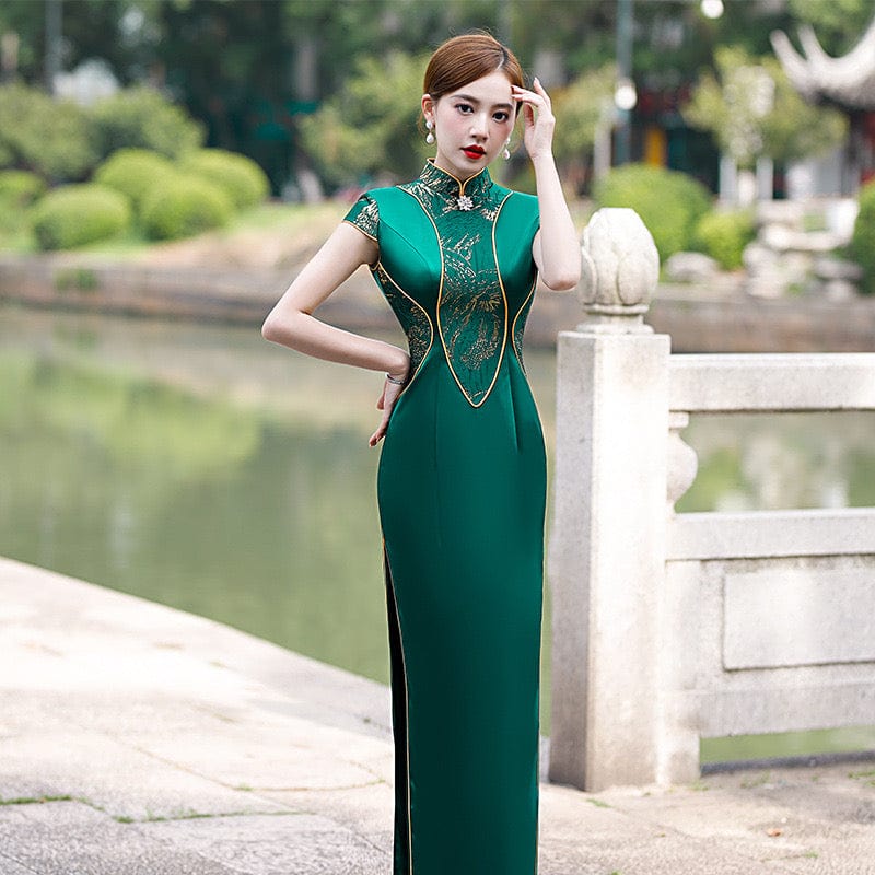 Beth and Brian Qipao -YD Classic Chinese style, long Qipao with cap sleeves