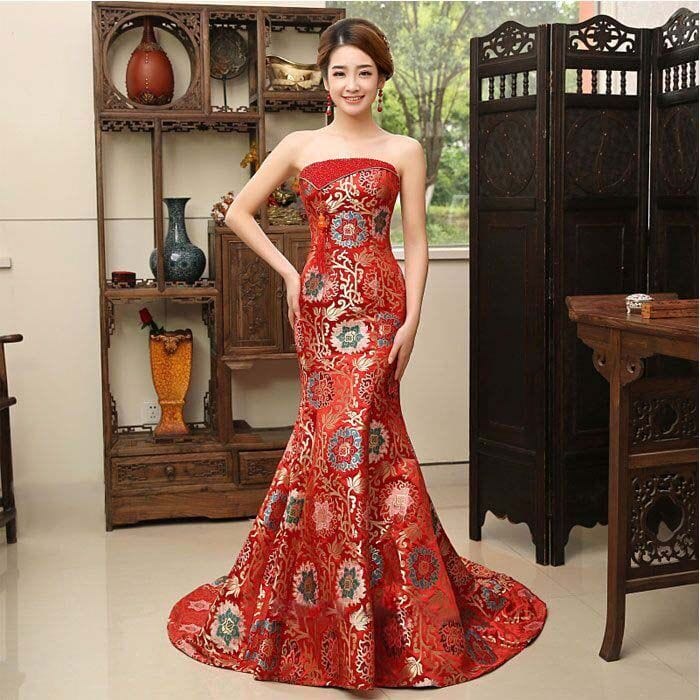 Beth and Brian Qipao-XLF Floral embroidery, brocade fishtail Qipao
