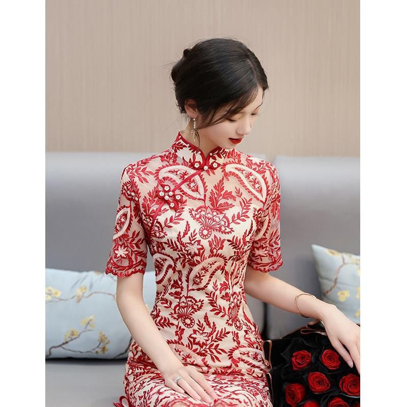 Beth and Brian Qipao-OYCP Chinese modern style, leaf embroidery midi Qipao