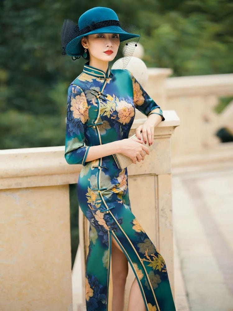 Beth and Brian Qipao-TL Copy of 19 mome mulberry silk, floral pattern, High-end long Qipao dress