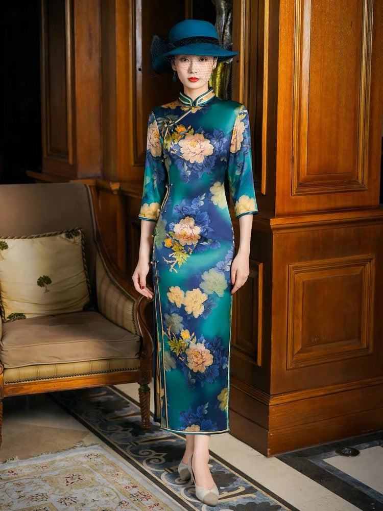Beth and Brian Qipao-TL Copy of 19 mome mulberry silk, floral pattern, High-end long Qipao dress