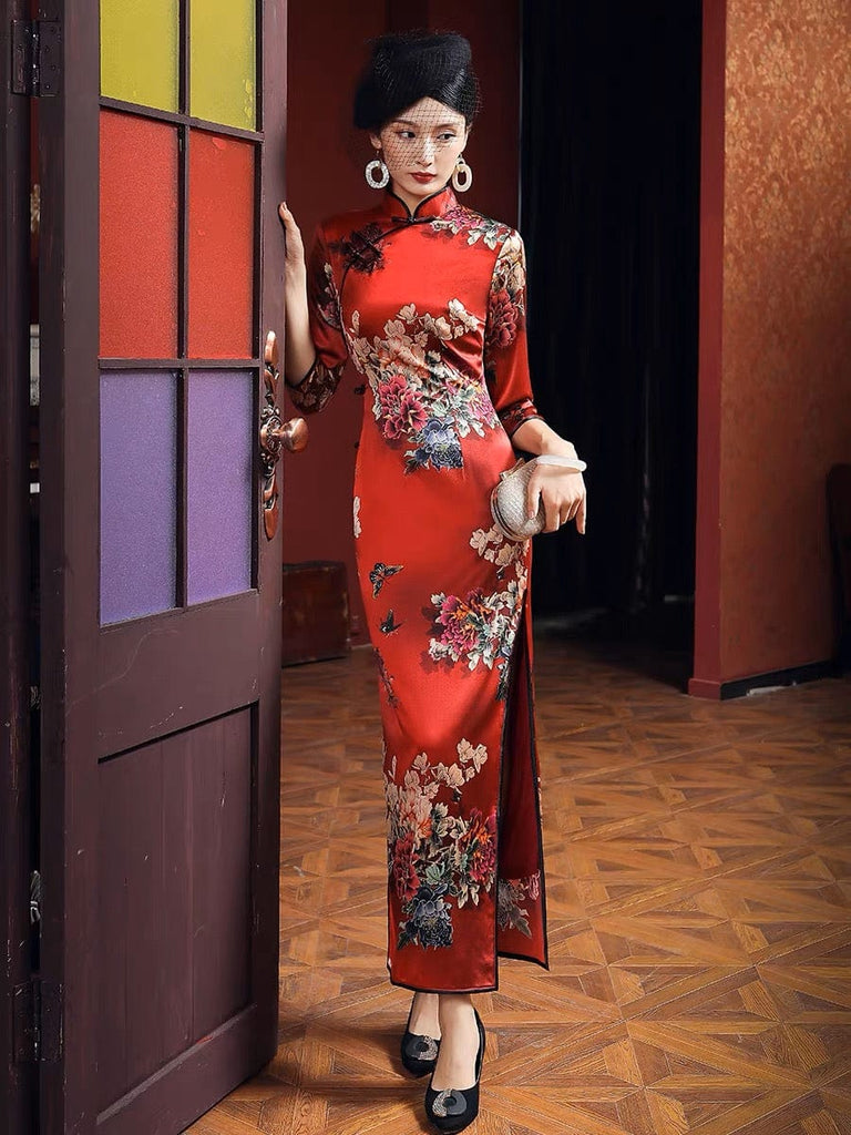 Beth and Brian Qipao-TL 19 mome mulberry silk, floral pattern, High-end long Qipao