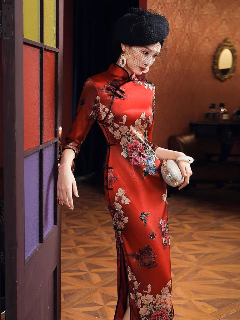 Beth and Brian Qipao-TL 19 mome mulberry silk, floral pattern, High-end long Qipao