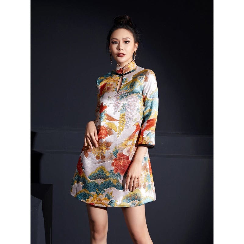 Beth and Brian Qipao - FL Chinese modern style, Brocade fabric, floral jacquard short Qipao