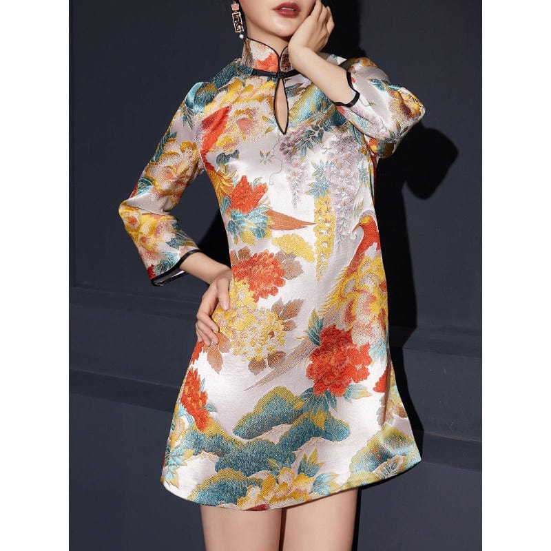 Beth and Brian Qipao - FL Chinese modern style, Brocade fabric, floral jacquard short Qipao