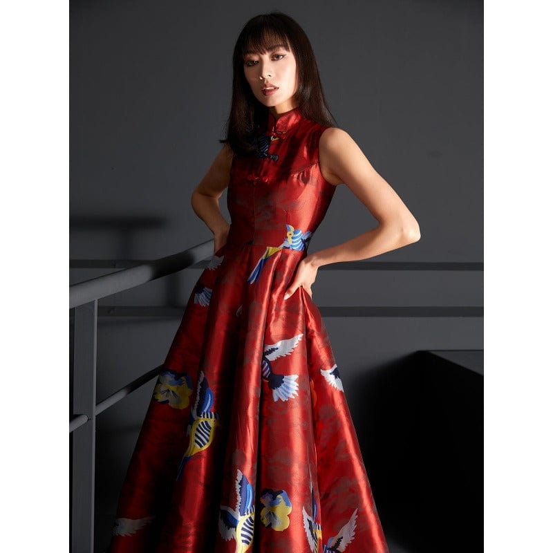 Beth and Brian Qipao - FL Chinese modern style, Brocade fabric, sleeveless long Qipao