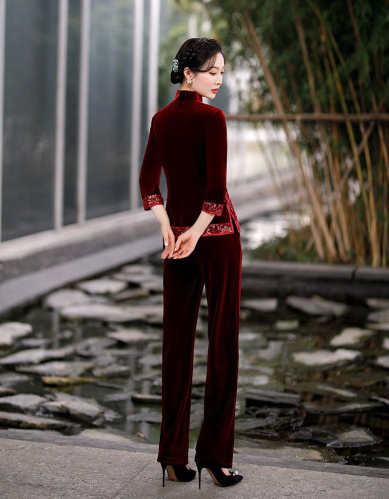Beth and Brian Qipao-YD Fall and Winter collection, velvet long Qipao suit set