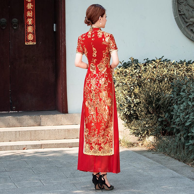 Beth and Brian Qipao-YD Summer and fall collection, long Ao dai with short sleeves