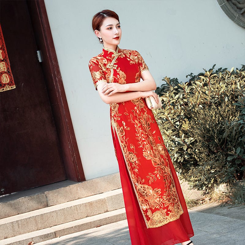 Beth and Brian Qipao-YD Summer and fall collection, long Ao dai with short sleeves