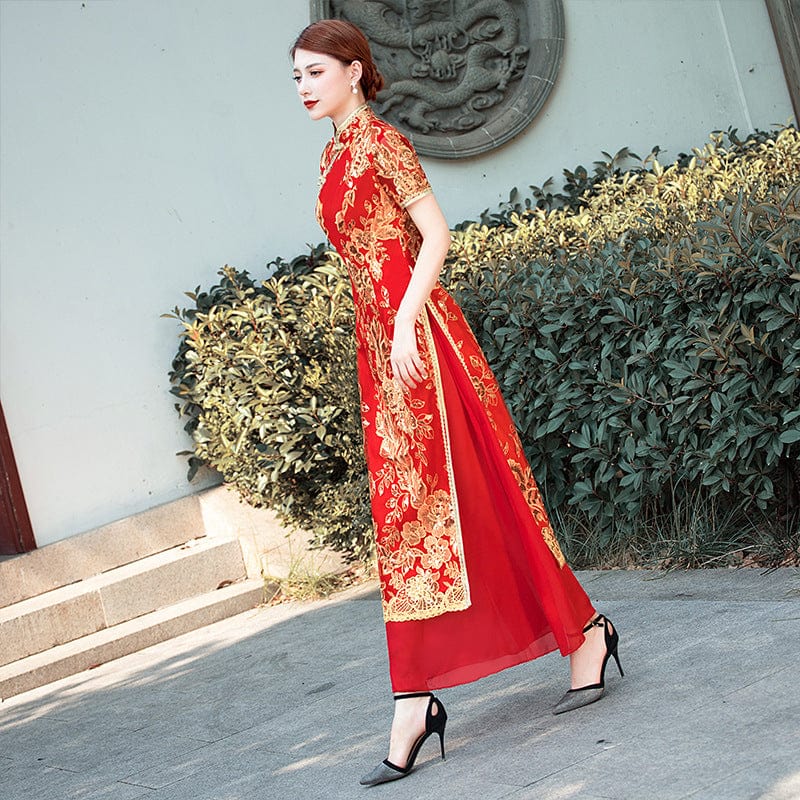 Beth and Brian Qipao-YD Summer and fall collection, long Ao dai with short sleeves