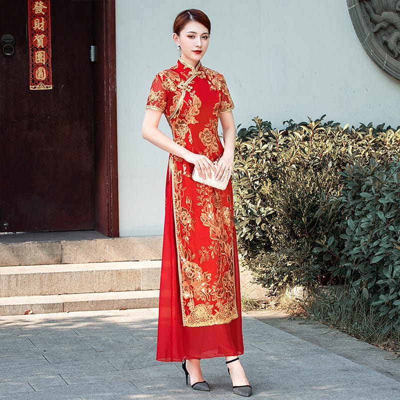 Beth and Brian Qipao-YD Summer and fall collection, long Ao dai with short sleeves