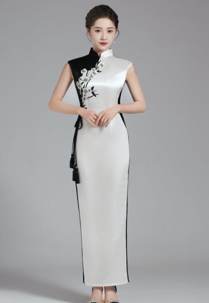 Beth and Brian Qipao-YSY Floral embroidery, high end, black with white long Qipao