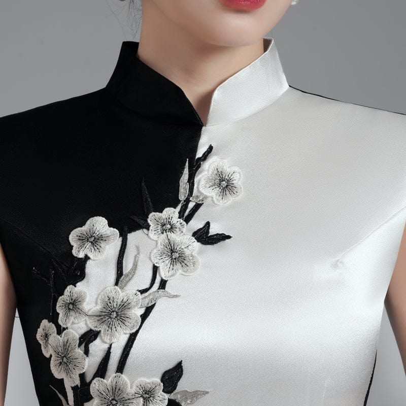 Beth and Brian Qipao-YSY Floral embroidery, high end, black with white long Qipao