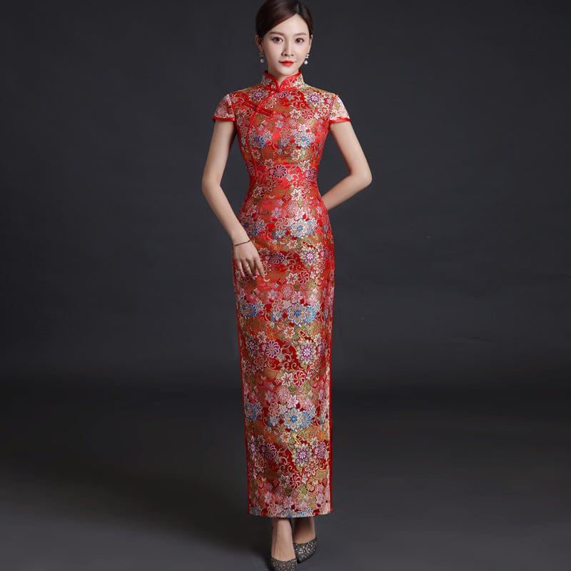 Beth and Brian Qipao-YSY Floral embroidery, high end, gold&red long Qipao