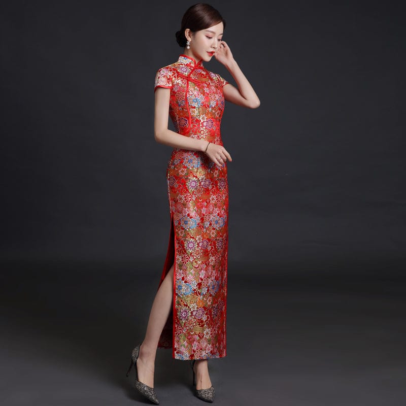 Beth and Brian Qipao-YLF Floral embroidery, high end, gold&red long Qipao