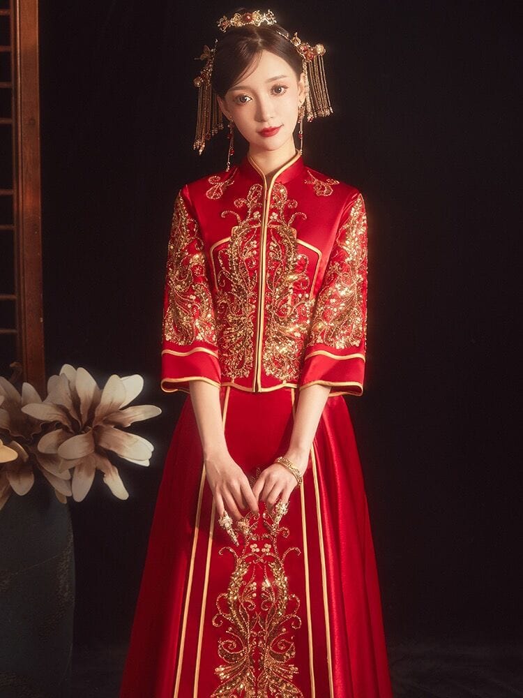 Beth and Brian Qipao-HY Leaf embroidery, fishtail wedding Qipao with three quarter sleeves