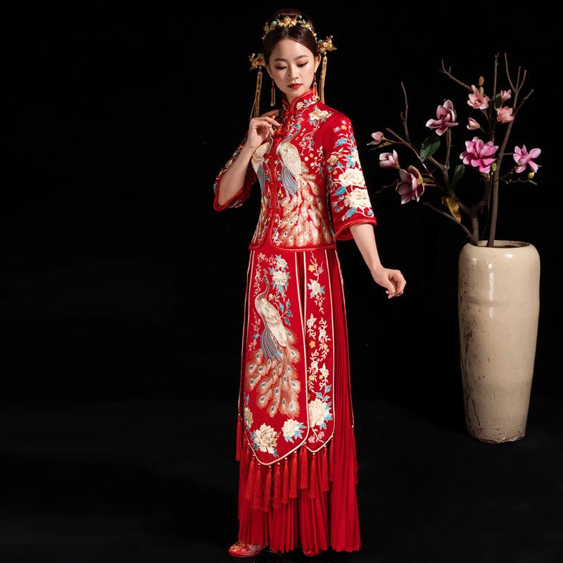 Beth and Brian Qipao-BM Peacock embroidery, fishtail wedding Qipao with three quarter sleeves