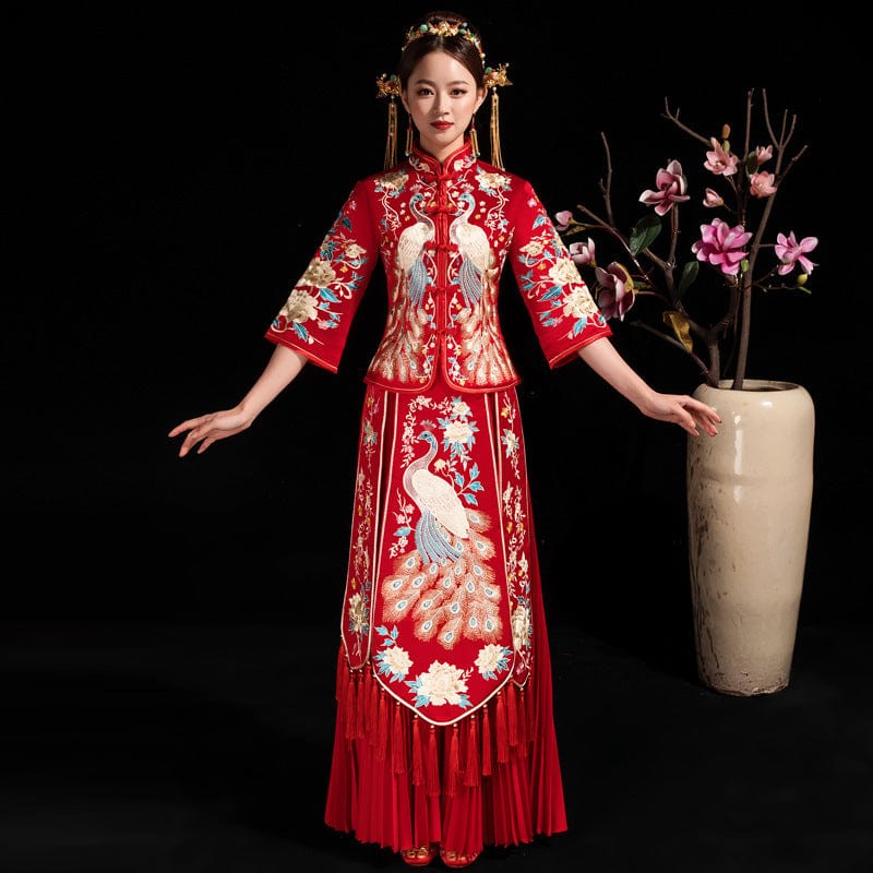 Beth and Brian Qipao-BM Peacock embroidery, fishtail wedding Qipao with three quarter sleeves