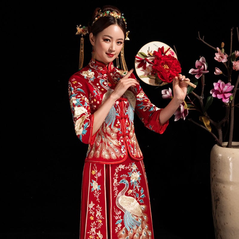 Beth and Brian Qipao-BM Peacock embroidery, fishtail wedding Qipao with three quarter sleeves