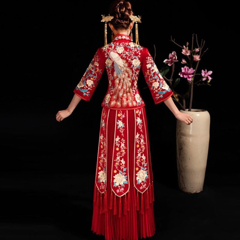 Beth and Brian Qipao-BM Peacock embroidery, fishtail wedding Qipao with three quarter sleeves