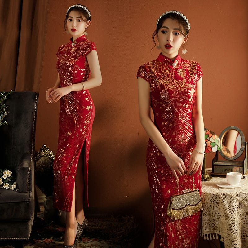 Sequin Cheongsam, Chinese red dress, Chinese prom Sequin Qipao