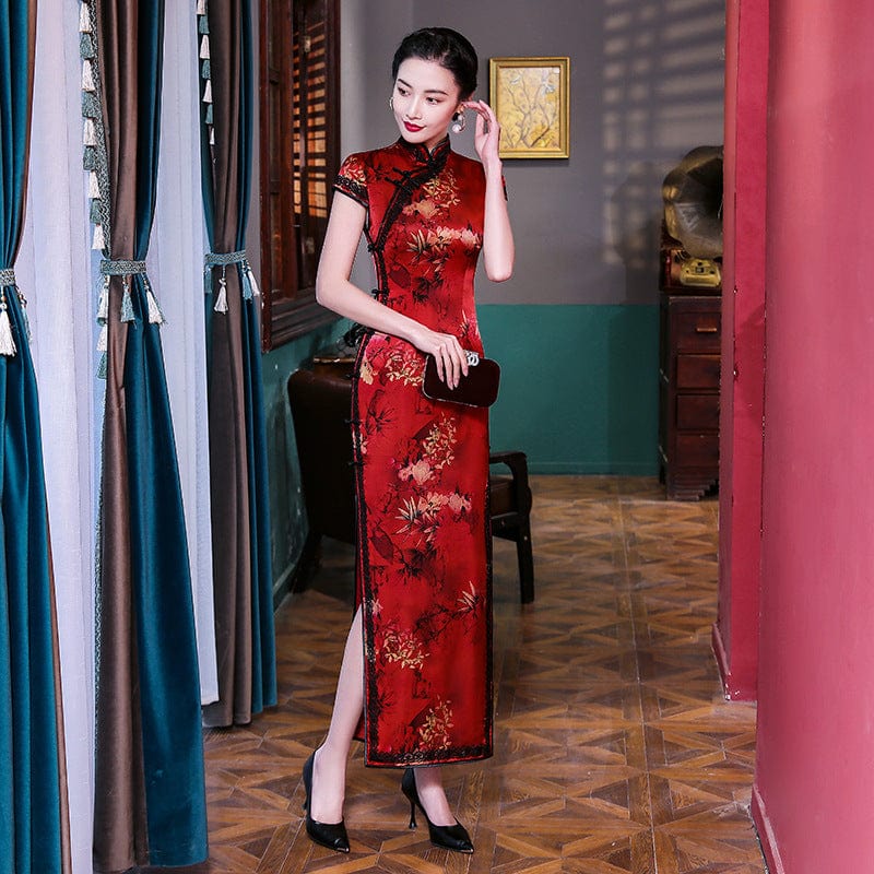 Beth and Brian Qipao-WXG 19 mome mulberry silk, floral pattern, High end, red long Qipao