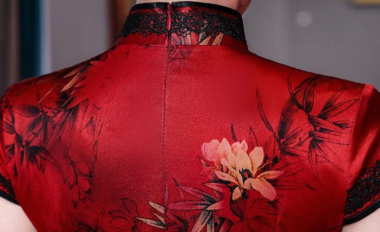 Beth and Brian Qipao-WXG 19 mome mulberry silk, floral pattern, High end, red long Qipao