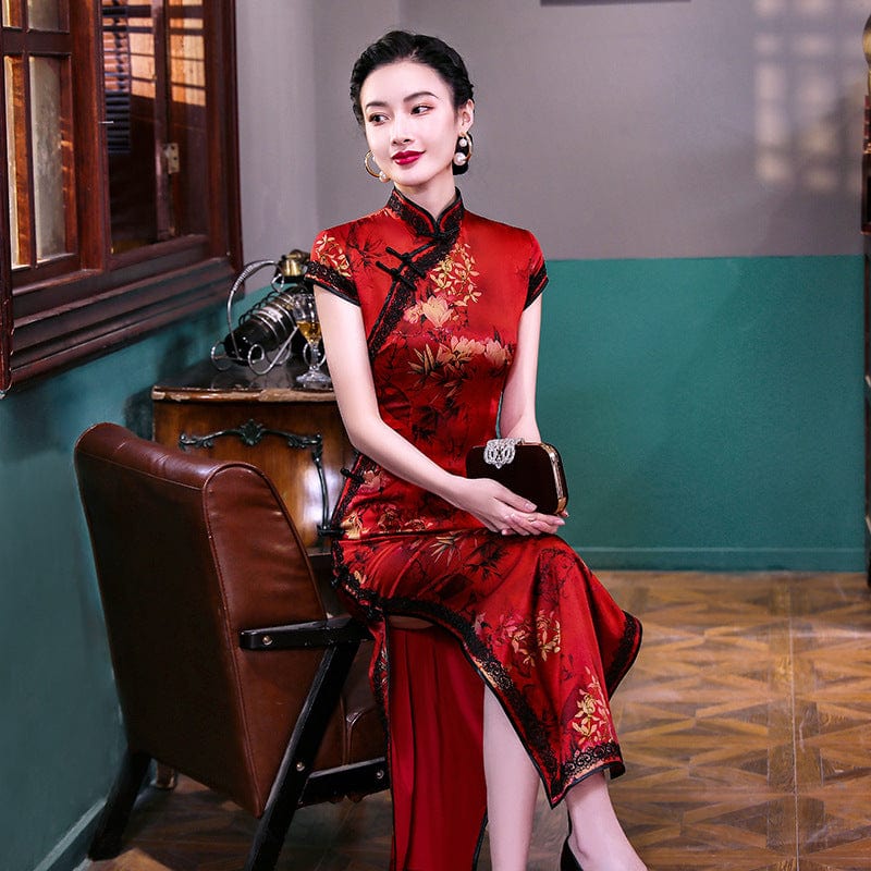 Beth and Brian Qipao-WXG 19 mome mulberry silk, floral pattern, High end, red long Qipao