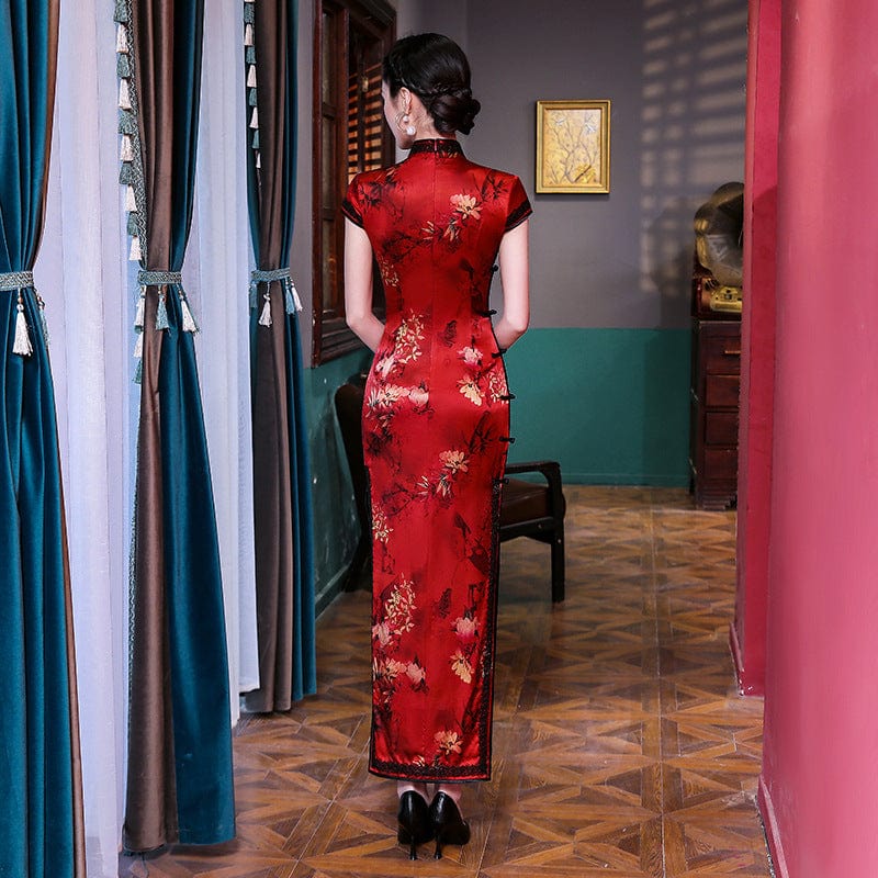 Beth and Brian Qipao-WXG 19 mome mulberry silk, floral pattern, High end, red long Qipao