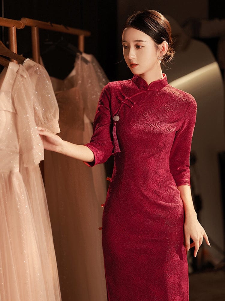 Beth and Brian Qipao- JFX Spring and Fall collection, lace fabric long Qipao