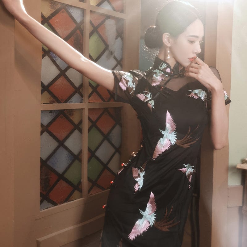 Beth and Brian Qipao - QZX Crane embroidery, lace fabric, black long Qipao