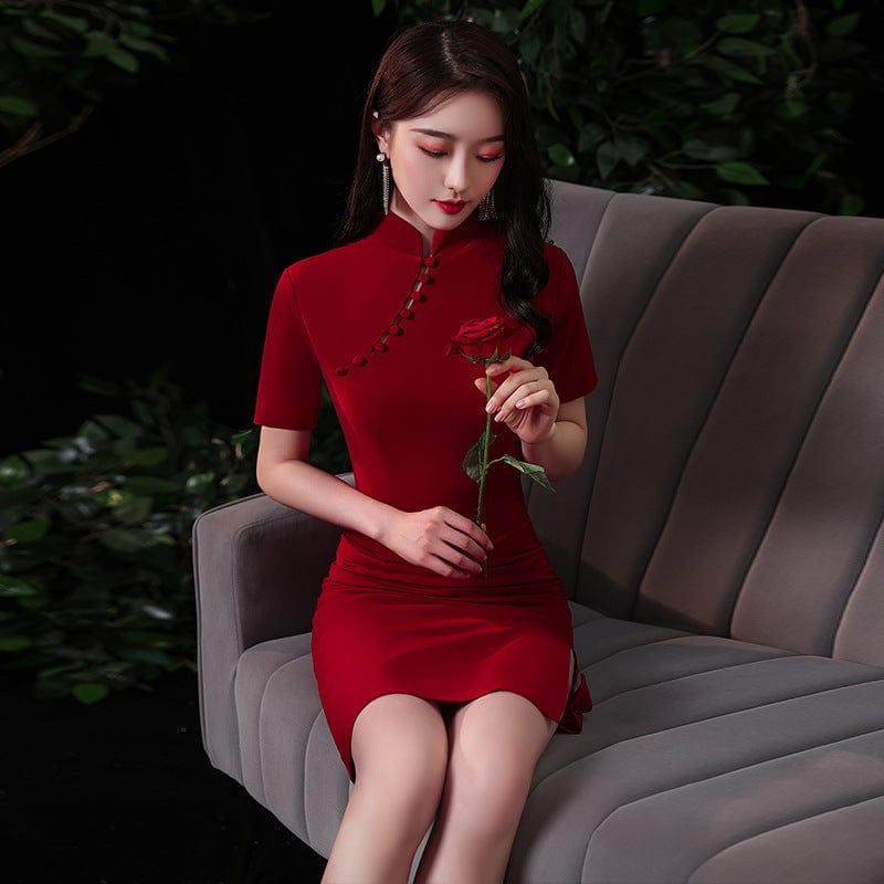 Beth and Brian Qipao - FDL Plain pattern, butterfly mesh fabric, wine red short Qipao