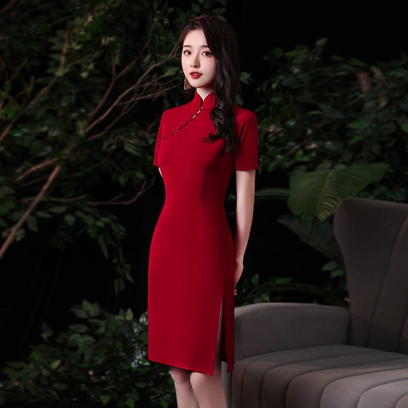 Beth and Brian Qipao - FDL Plain pattern, butterfly mesh fabric, wine red short Qipao