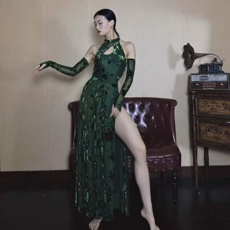 Beth and Brian Qipao -WYZ Dance collection, leaf pattern green long Qipao