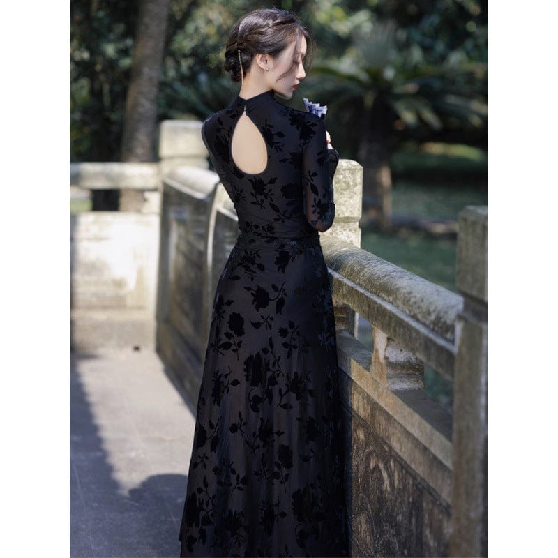 Beth and Brian Qipao-ANSL New Chinese style, floral pattern, black long Qipao