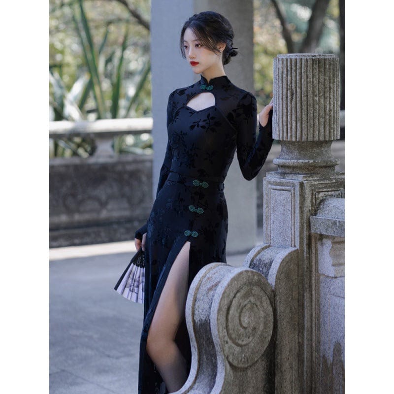 Beth and Brian Qipao-ANSL New Chinese style, floral pattern, black long Qipao