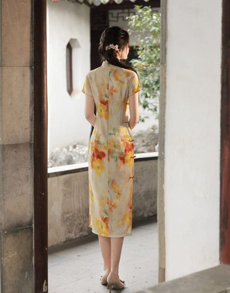 Beth and Brian Qipao- XH Summer collection, floral pattern mid-length Qipao