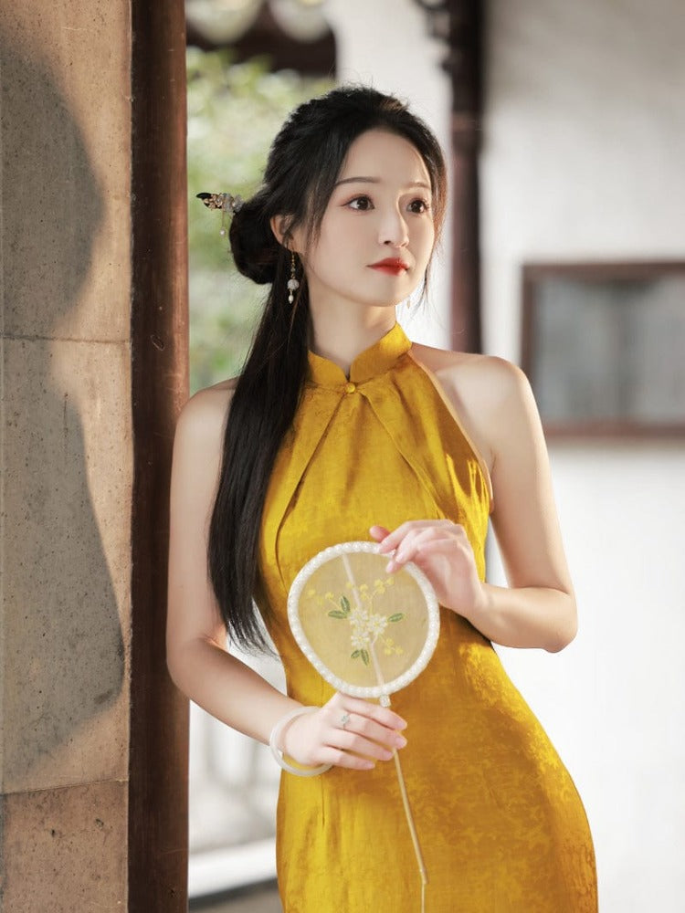Beth and Brian Qipao-XH New Chinese style, jacquard yellow midi Qipao