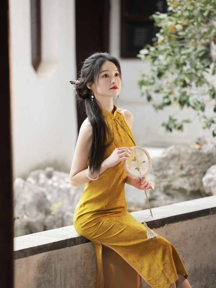 Beth and Brian Qipao-XH New Chinese style, jacquard yellow midi Qipao