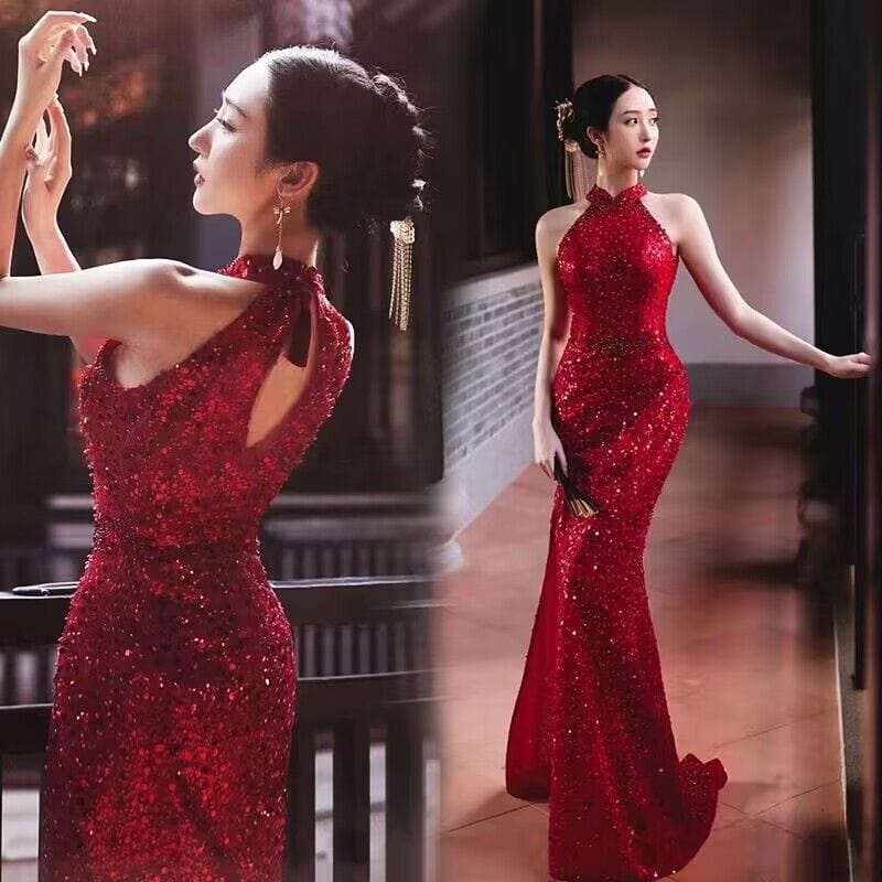 Beth and Brian Qipao - TSDJY Chinese modern style, fishtail sequins Qipao