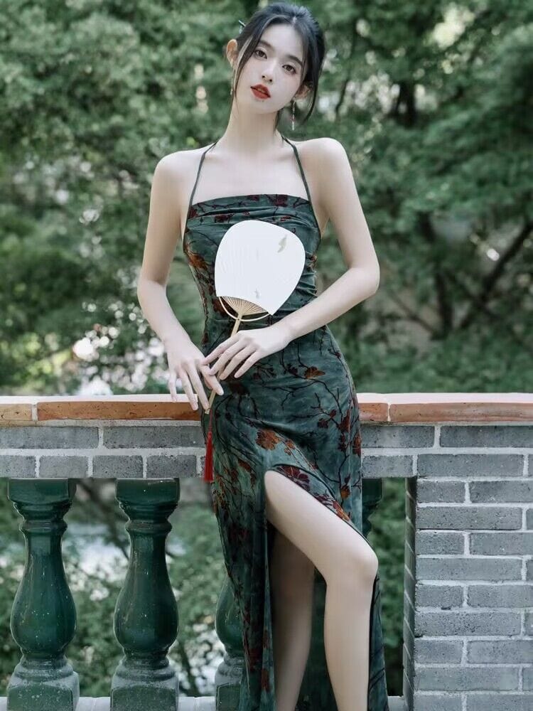 Beth and Brian Qipao-XX New Chinese style (新中式), floral pattern, green midi Qipao