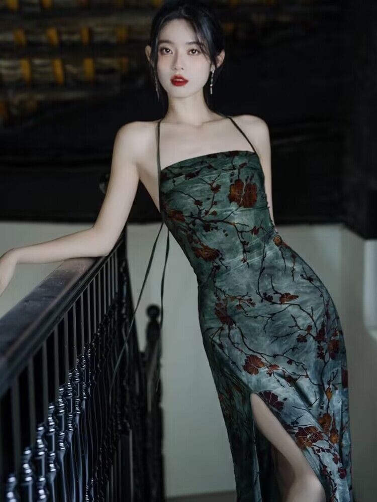 Beth and Brian Qipao-XX New Chinese style (新中式), floral pattern, green midi Qipao